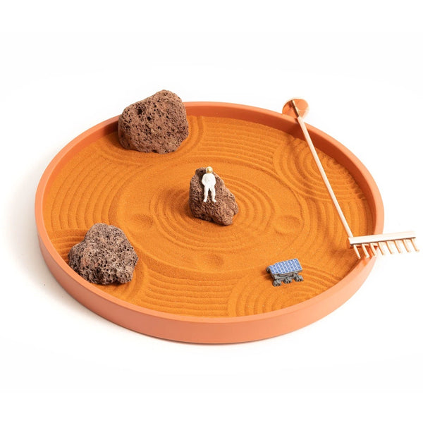 Mars zen garden space gift with relaxing astronaut, mars rover and mars rocks.