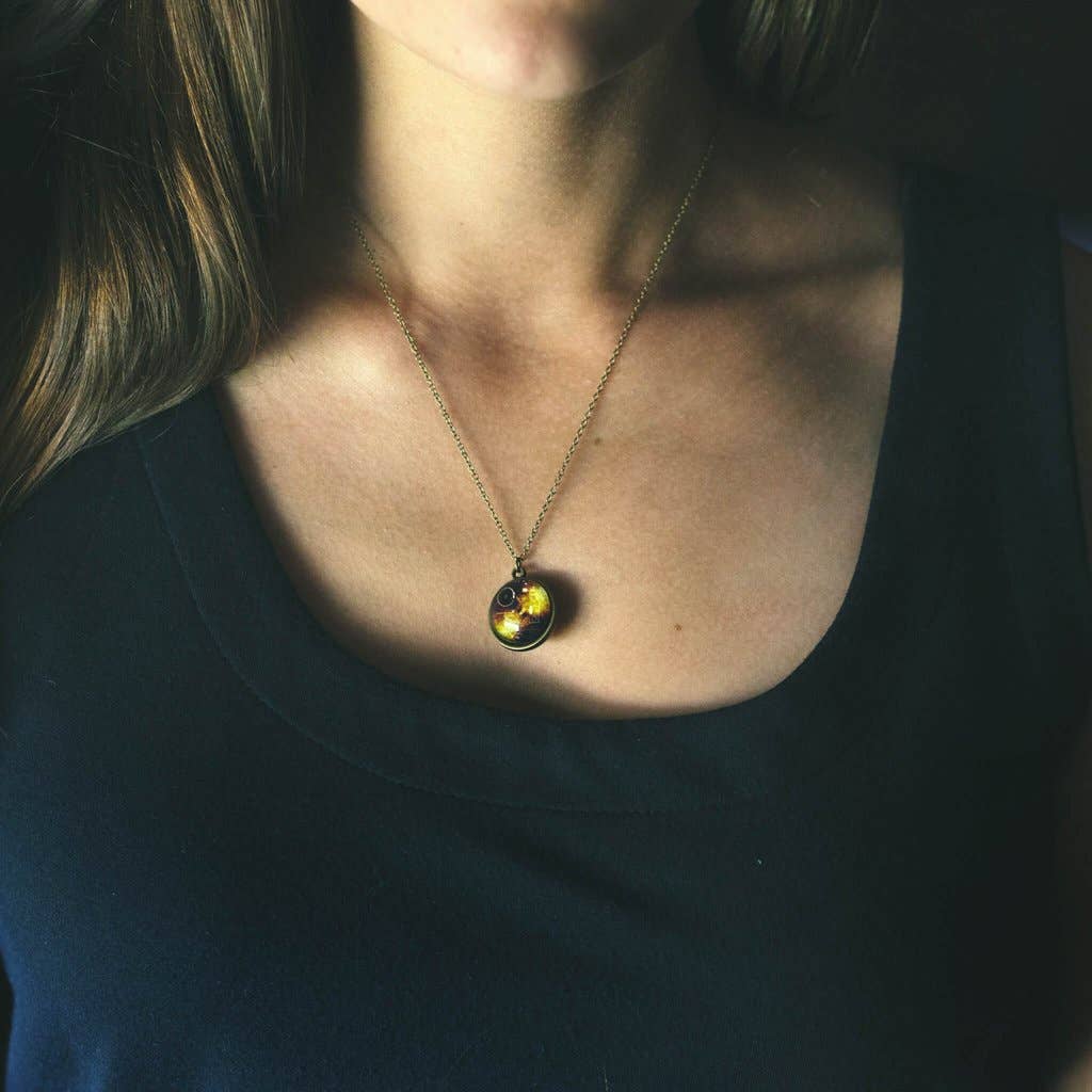 Double Sided Voyager Record Necklace - Brass & Glass Space Jewelry