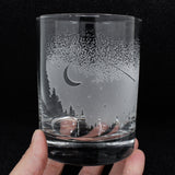 Moon, shooting stars and trees whisky tumbler DOF rocks glass