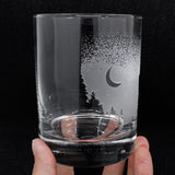Moon, shooting stars and trees whisky tumbler DOF rocks glass