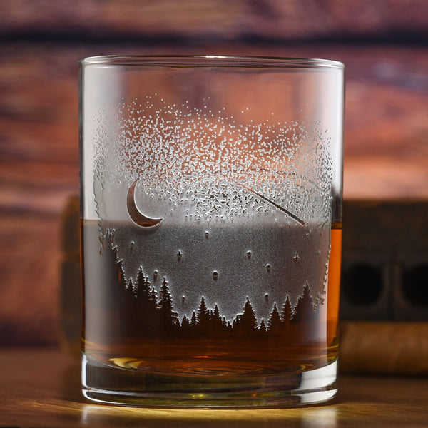 Moon, shooting stars and trees whisky tumbler DOF rocks glass