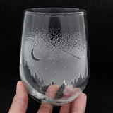 Moon, stars, trees engraved stemless wine glass space lover gift