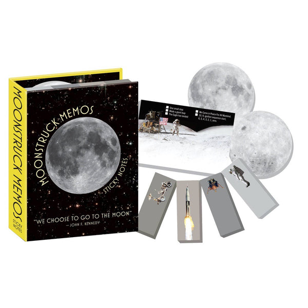 A space-themed moon sticky note set with round moons, astronauts, the moon landing and lunar lander, and NASA rockets!