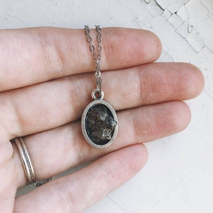 Oval Raw Meteorite Necklace - Authentic Space Meteorite Pendant