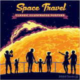 Front of Space Travel 2024 Wall Calendar with classic illustrated retro space age posters!