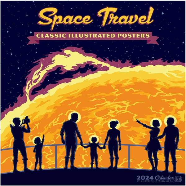 Front of Space Travel 2024 Wall Calendar with classic illustrated retro space age posters!