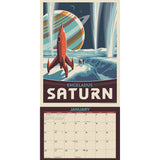 Space Travel 2025 Wall Calendar with classic illustrated retro space age posters! 2025 space calendar gift. Rocket, Saturn.