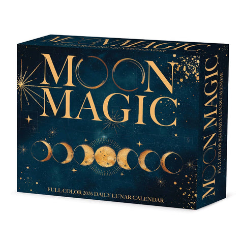 Front of 2026 Lunar Moon Phase Desk Box Calendar - Blue and Gold - Moon Gift