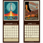 Pages of Space Travel 2026 Wall Calendar with classic illustrated retro space age posters of a rocket and planet Jupiter! 2026 space calendar gift.