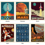 Pages of Space Travel 2026 Wall Calendar with classic illustrated retro space age posters of a rocket and planets Mars, Jupiter and more! 2026 space calendar gift.