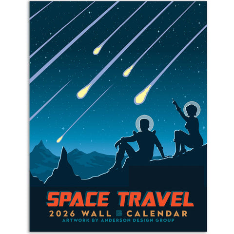 Front of Space Travel 2026 Wall Calendar with classic illustrated retro space age posters! 2026 space calendar gift.