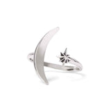 A sterling silver adjustable ring with a crescent moon and star - an elegant space jewelry gift