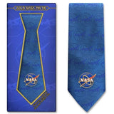 A blue NASA vector logo men's space tie with a Gold enamel NASA pin in a gift box