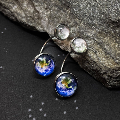 Earth and Moon Ear Jacket Earrings, the perfect space jewelry gift for space, earth and moon lovers!