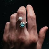 Earth and Moon bypess ring space jewelry gift with natural stones, space-themed ring.