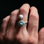 Earth and Moon bypess ring space jewelry gift with natural stones, space-themed ring.