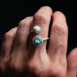 Earth and Moon bypess ring space jewelry gift with natural stones, space-themed ring.