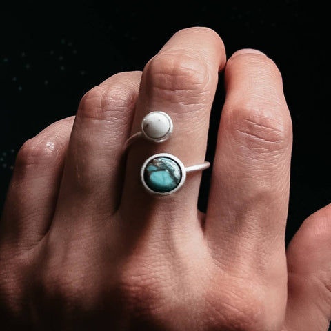 Earth and Moon bypess ring space jewelry gift with natural stones, space-themed ring.