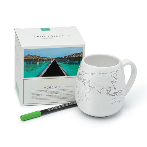 White traveler's mug with a map of the world that can be colored in. A great Earth-themed gift!