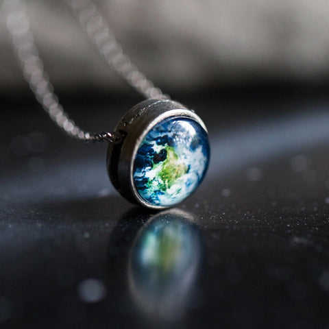 Earth necklace with glass covered pendant. Small, petite slider space themed necklace space gift.
