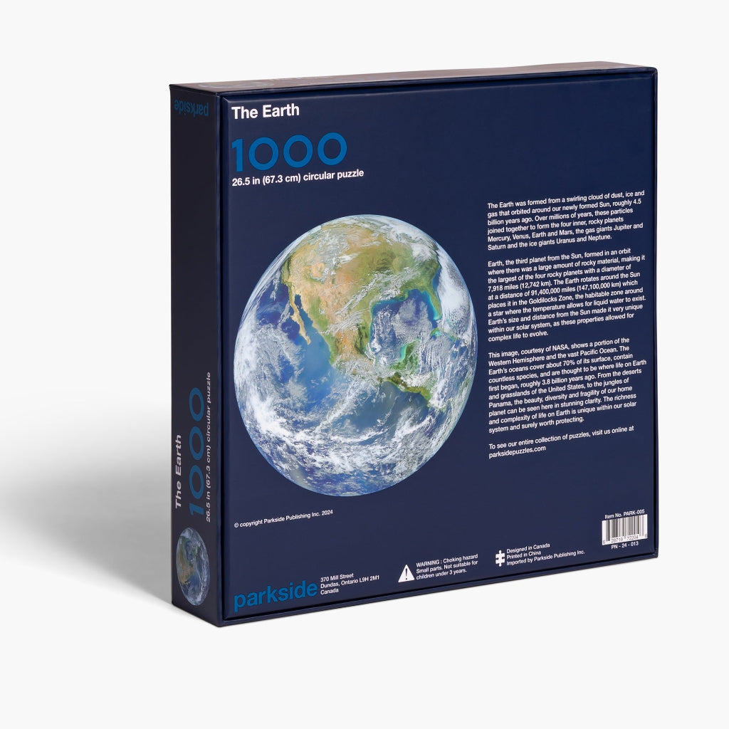 Space gift for adults - the Earth puzzle from Parkside Puzzles, formerly Four Point Puzzles! Showing back of box.