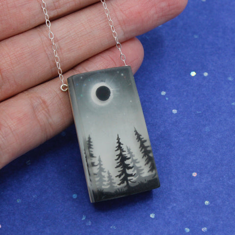 Eclipse necklace space jewelry with forest starry sky scene