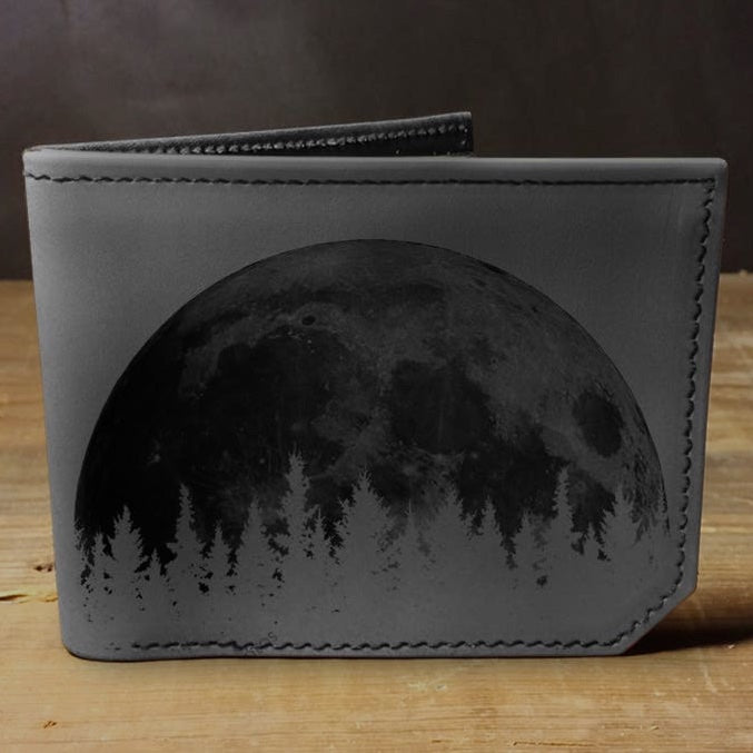 Handmade Leather Wallet - Big Moon & Trees - Space Wallet Brown