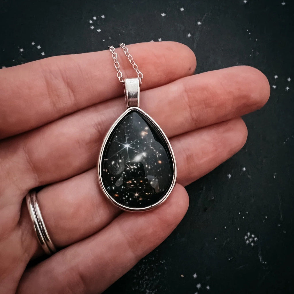Space necklace with James Webb JWST deep field image of deep space galaxies. Space, galaxy jewelry gift.