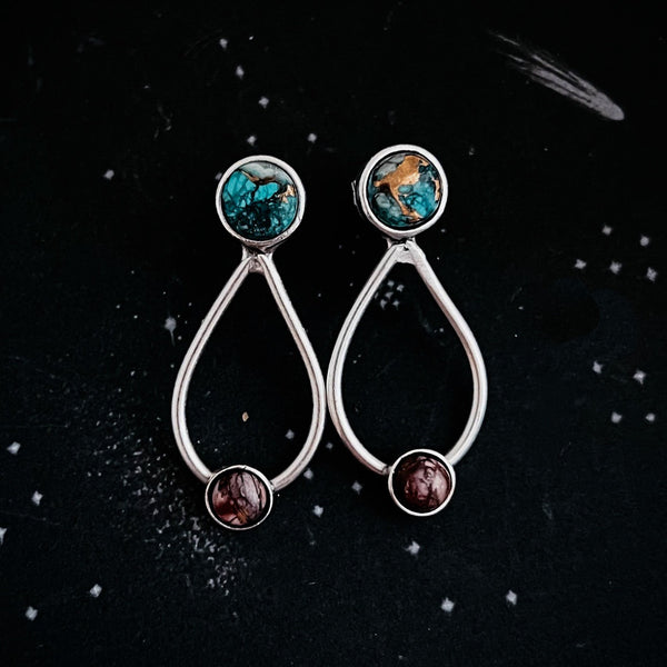 Space-themed earrings representing travel between Earth and Mars. Made with natural copper chrysocolla and red jasper stones. Space, A planet Mars jewelry gift.