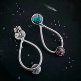Space-themed earrings representing travel between Earth and Mars. Made with natural copper chrysocolla and red jasper stones. Space, A planet Mars jewelry gift.
