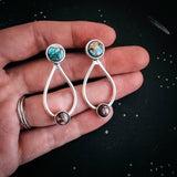 Space-themed earrings representing travel between Earth and Mars. Made with natural copper chrysocolla and red jasper stones. Space, A planet Mars jewelry gift.