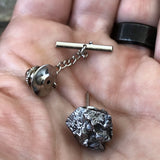 Mens space meteorite jewelry tie tack made with genuine Campo del Cielo meteorite - in hand
