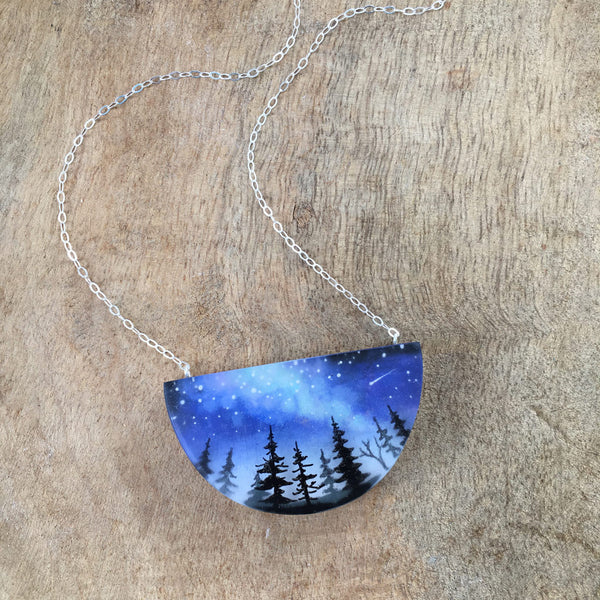 Milky Way necklace space jewelry with shooting star, trees, night sky