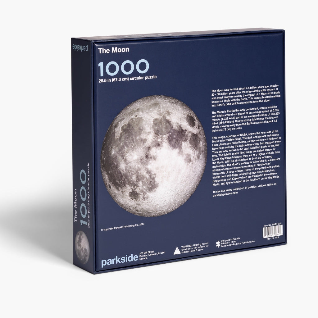 Space gift for adults - the Moon puzzle from Parkside Puzzles, formerly Four Point Puzzles! Showing back of box.
