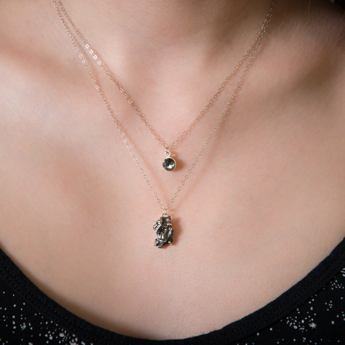 The Moon and Stars sterling silver and genuine meteorite dual strand necklace space jewelry gift