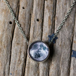 Moon necklace with glass covered pendant. Small, petite slider space themed necklace moon gift.