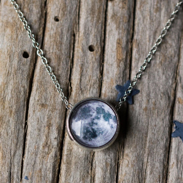 Moon necklace with glass covered pendant. Small, petite slider space themed necklace moon gift.
