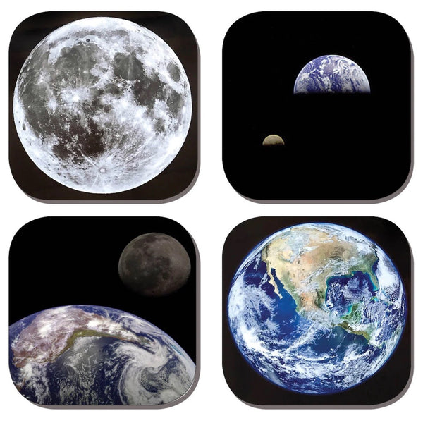 Space themed drink coasters with NASA images of the Earth and Moon