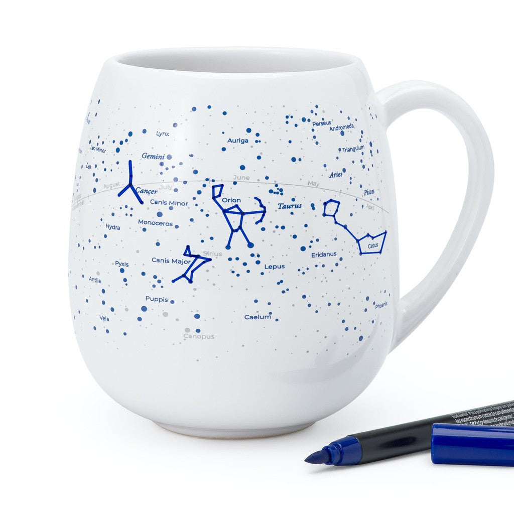 Stargazing mug with blue pen - find stars and constellations and draw them on the star map! Astronomy gift