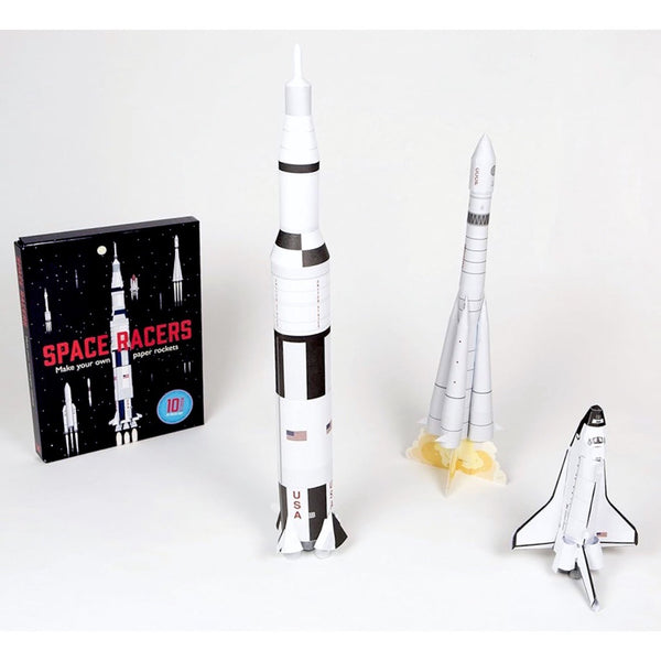 Space Racers make your own paper model rockets - great space gift idea! Showing three completed models.