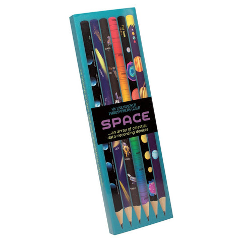 Set of space-themed pencils with colorful illustrations of the solar system. moon phases, comets and more! A great space gift!