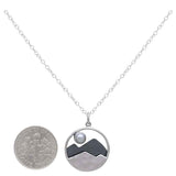 Sterling silver and pearl moon and mountain pendant necklace, space moon jewelry gift, size comparison next to dime