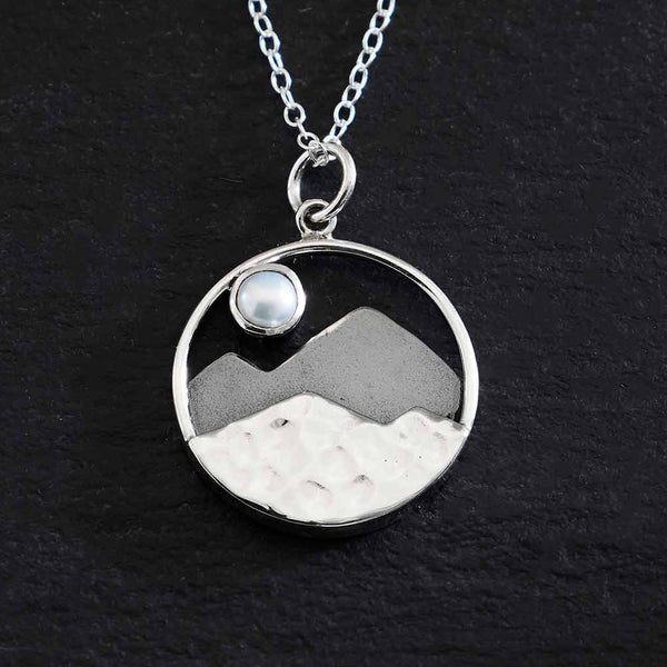 Sterling silver and pearl moon and mountain pendant necklace, space moon jewelry gift