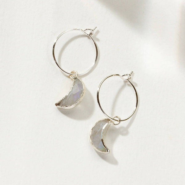 Genuine moonstone and sterling silver crescent moon mini hoop earrings - a unique moon jewelry gift for moon lovers!