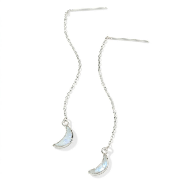 Genuine moonstone and sterling silver crescent moon threader earrings - a unique moon jewelry gift for moon lovers!