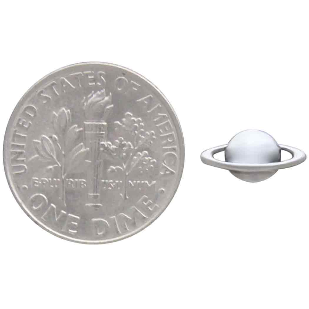 Small sterling silver planet Saturn planet earrings - a cute space jewelry gift! Size comparison next to dime.