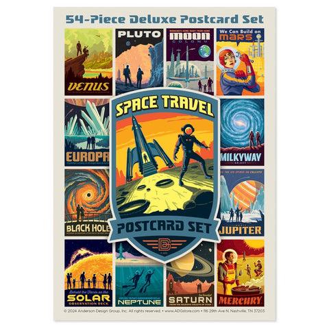 Space-themed postcard set with vintage style retro space age art by Anderson Design Group