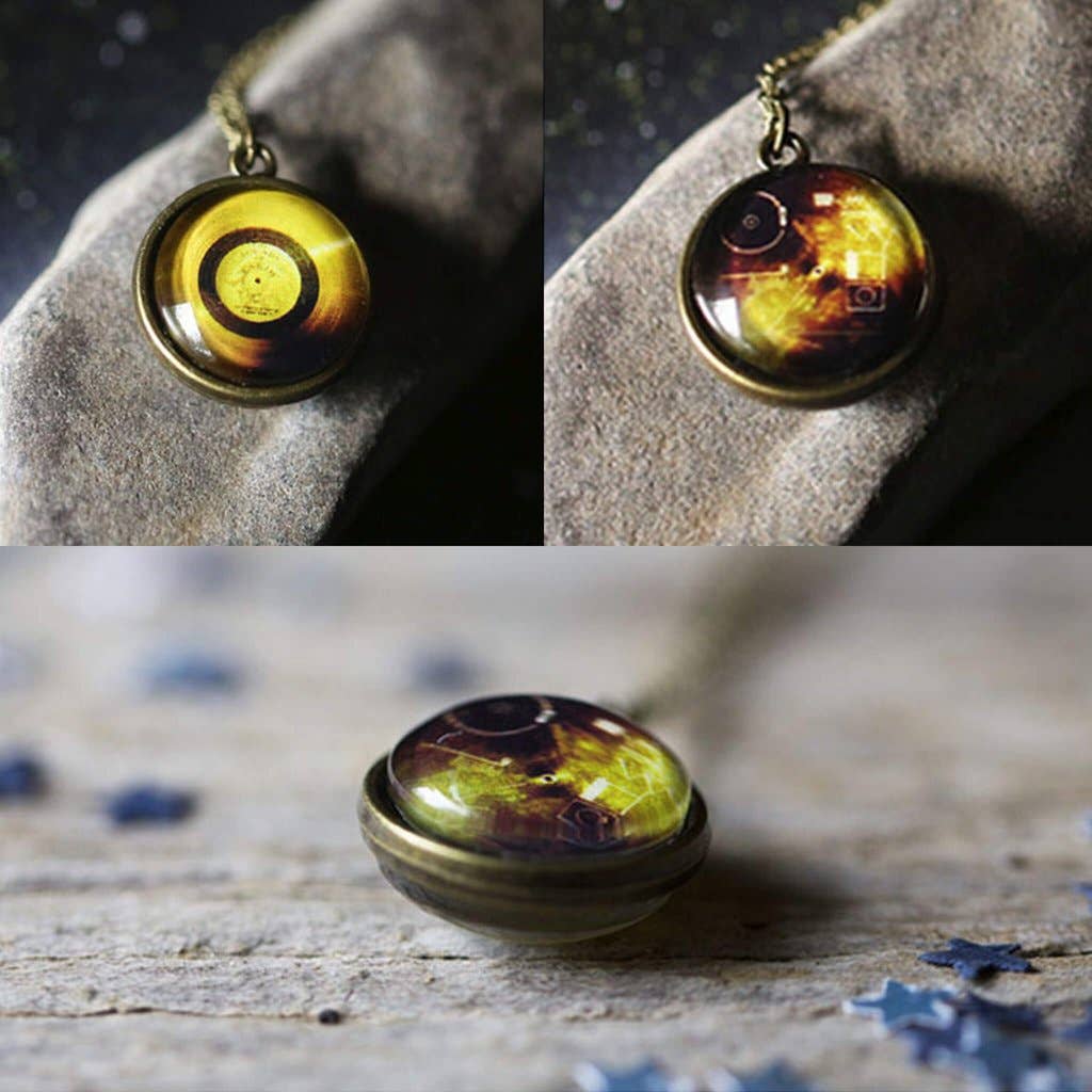 Double Sided Voyager Record Necklace - Brass & Glass Space Jewelry
