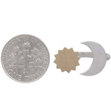 A sterling silver adjustable ring with a crescent moon and bronze sun - a unique space jewelry gift for space and astronomy lovers! Shown next to a dime for size comparison.