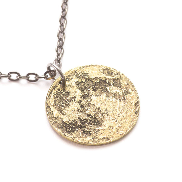 Brass double-sided full harvest moon coin necklace - the perfect moon gift! Showing near side of the Moon.
